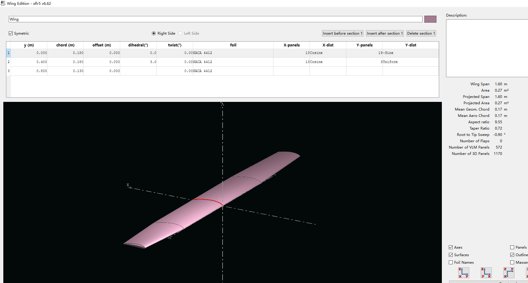 XFLR5 v6.62 3段式机翼定义完成，3D视图显示梯形翼带上反角