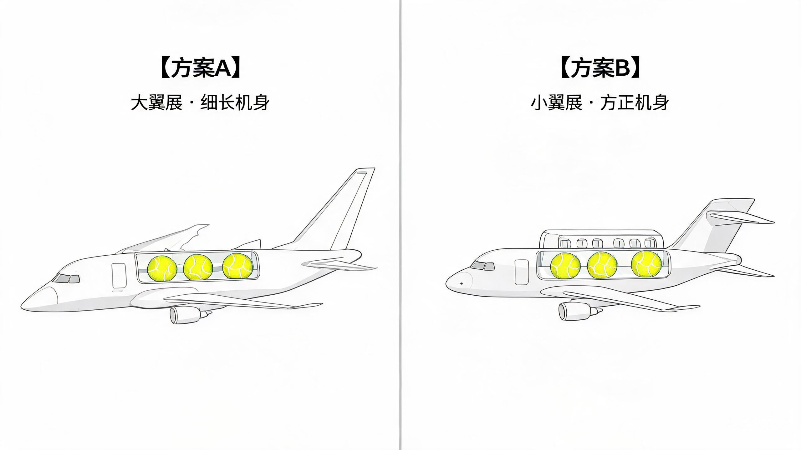 两种限时载运飞机设计方案对比：大翼展客机型 vs 方机舱紧凑型