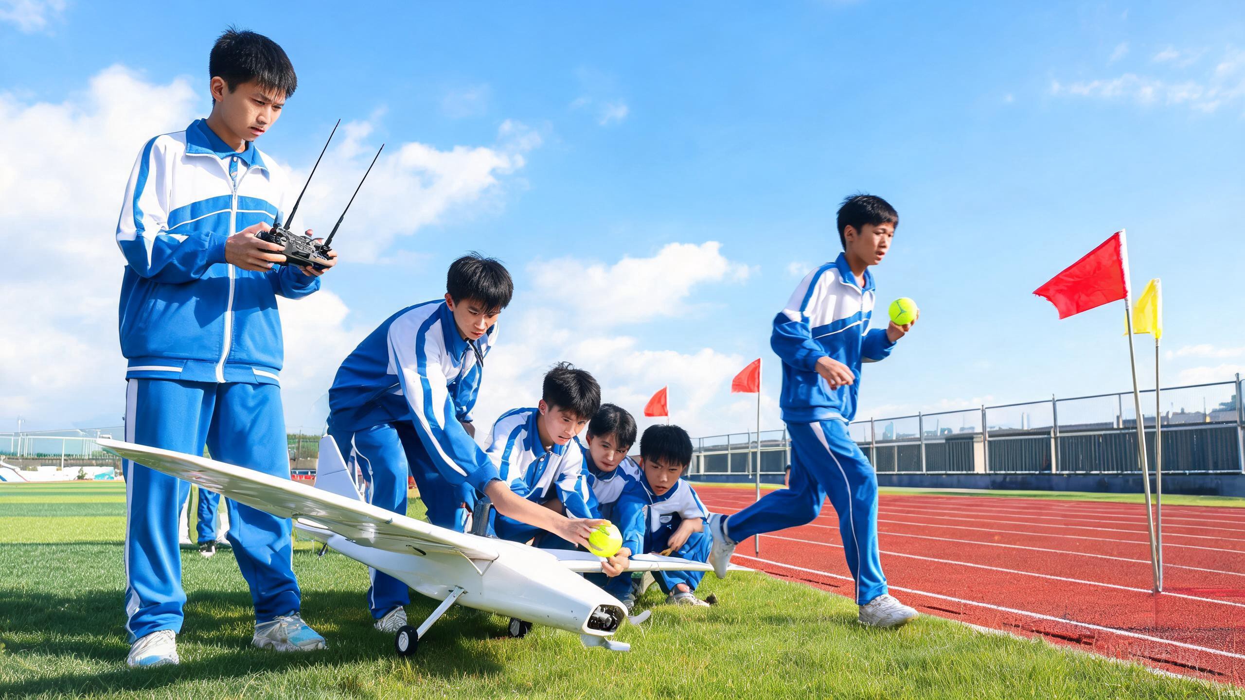 青少年学生在跑道旁协作比赛，有人操控遥控器，有人装卸网球
