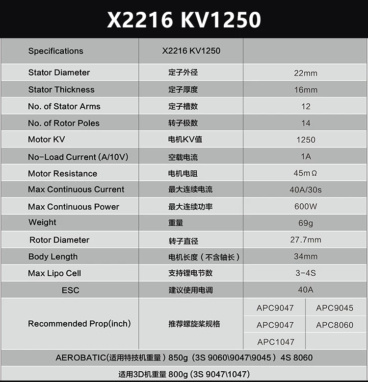 X2216 KV1250 电机规格参数