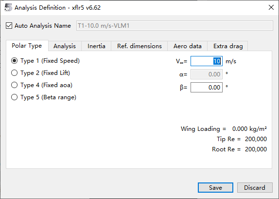 图1：Analysis Definition对话框——Polar Type标签页，选择Type 1（固定速度），设置V∞=10 m/s，自动计算Re=200,000