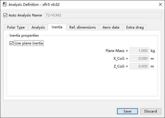 Analysis Definition对话框——Inertia标签页，Use plane inertia，Mass=1.000kg，X_CoG=0.090m