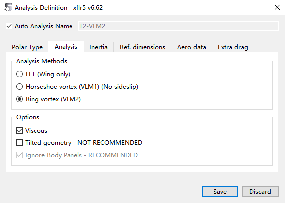 图5：分析定义Analysis标签页——VLM2环形涡量法+Viscous粘性修正，Ignore Body Panels