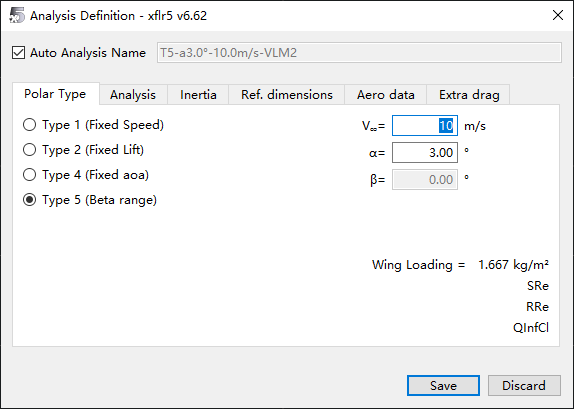 Analysis Definition对话框——Polar Type标签页，Type 5 (Beta range)已选中，V∞=10m/s，Alpha=3.00°